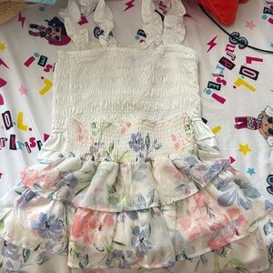 Aqua Floral Ruffled Dress with Smocked Bodice